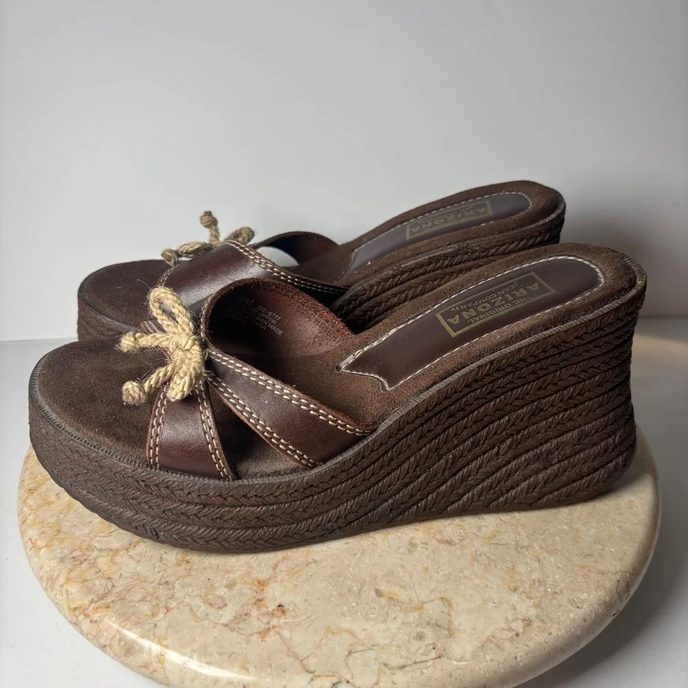 VTG Arizona Jean Co Platform Wedge Sandals 9M Brown Leather Rope Bow Y2K Bratz